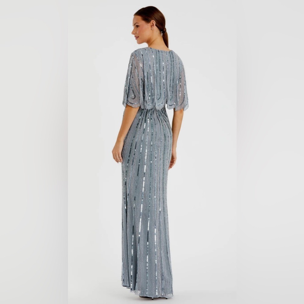 NWT |Mac Duggal 93583 Slate Blue Grey Sequined V Neck Cape Sleeve Gown Size 10 - Picture 4 of 16